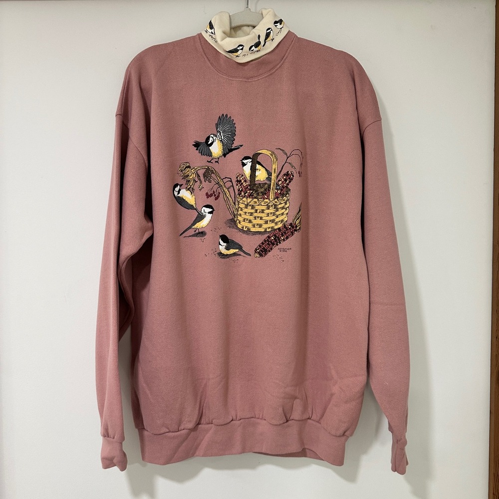 Vintage Artisans Chickadee Bird Sweatshirt Womens XL Pink Mock Neck Made in USA